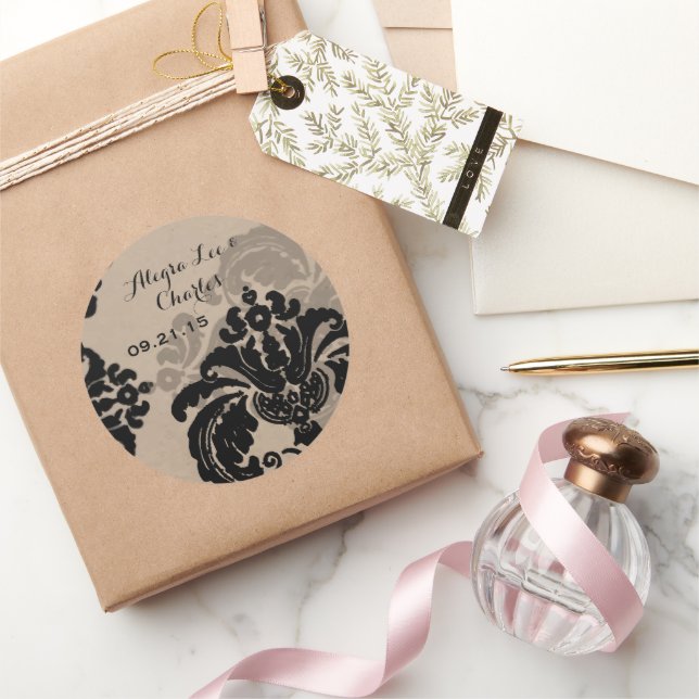 Vintager Schwarz-Damast-Papieraufkleber Runder Aufkleber (Schenken)