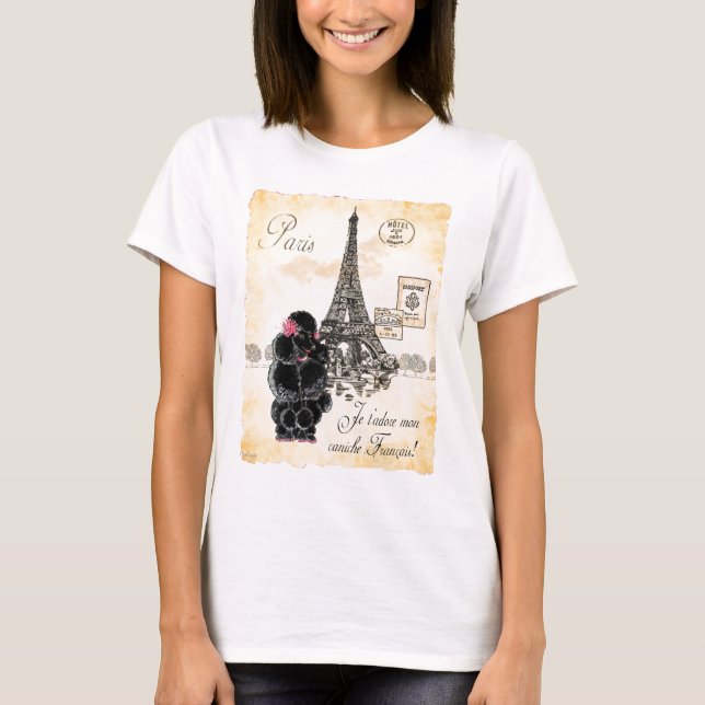 Vintager Schwarz-Poodle-Eiffelturm T-Shirt (Vorderseite)