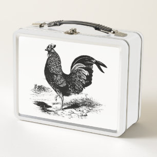 Vintager Schwarz-weißer Hahn-Lunchbox Metall Brotdose