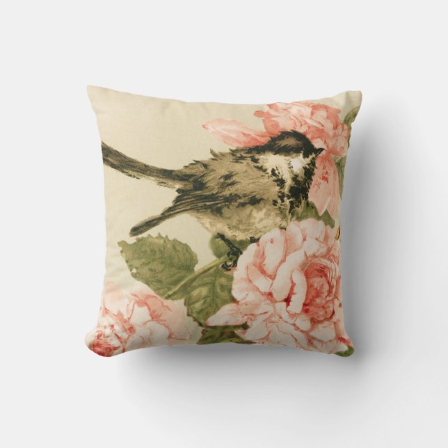 Vintager Schwarz-weißer Vogel erröten rosa Kissen (Vorderseite)