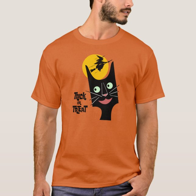 Vintager schwarze Katzen-Trick oder Leckerei T-Shirt (Vorderseite)