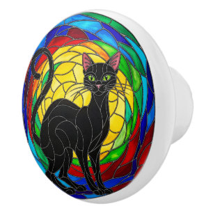 Vintager schwarzer Katzenknob, buntes Mosaik Keramikknauf