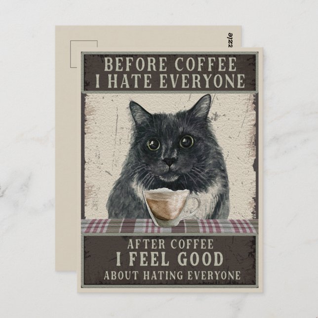 Vintager schwarzer Sarcastic Cat und Kaffee Postkarte (Vorne/Hinten)