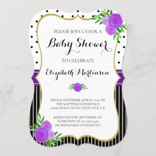 Vintager schwarzer Streifen Dot Lila Blumenbaby-Du Einladung