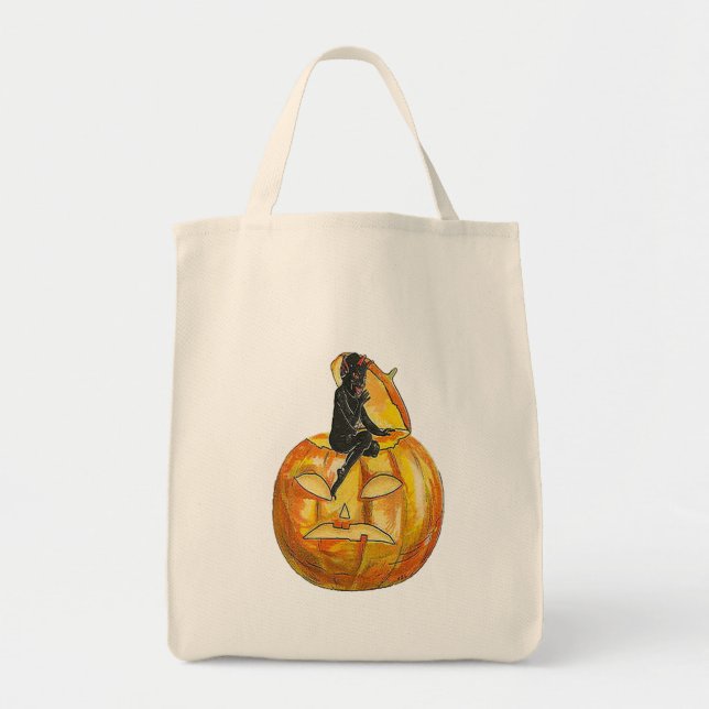 Vintager Schwarzer Teufel auf Jack o' Lantern Tragetasche (Vorne)