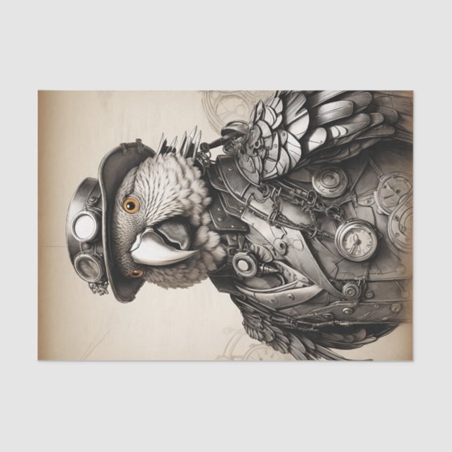 Vintager schwarzer und weißer Steampenpapagei Seidenpapier (Vorderseite)