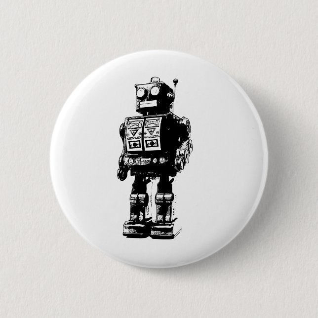 Vintager Schwarzweiss-Roboter Button (Vorderseite)