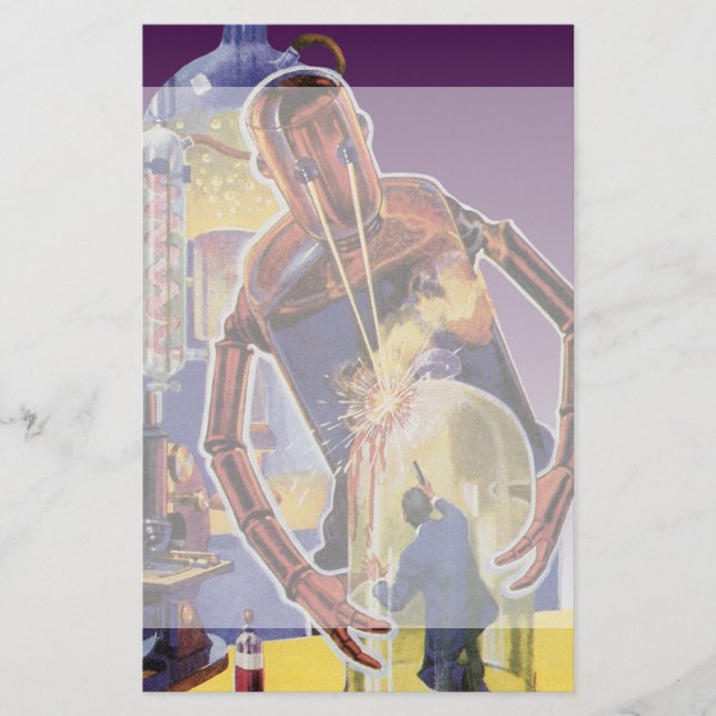 Vintager Science Fiction-Roboter mit Briefpapier (Vorderseite)