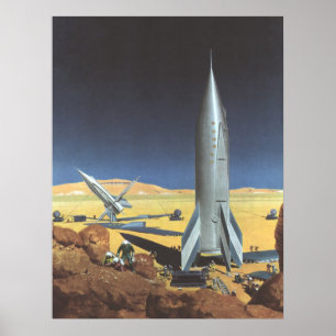 Vintager Science Fiction-Wüsten-Planet mit Rockets Poster