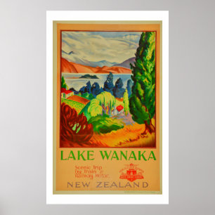 Vintager See Wanaka Neuseeland Reiseplakat Poster