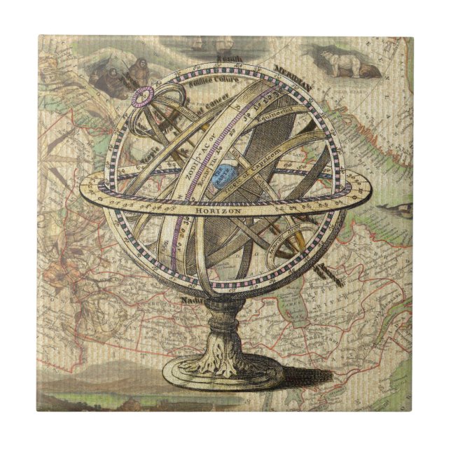 Vintager Seekompaß und Karte Fliese (Vorderseite)