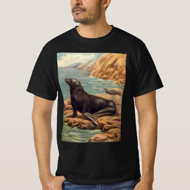 Vintager Seelöwe an der Küste, Meeressäugetiere T-Shirt (Vorderseite)