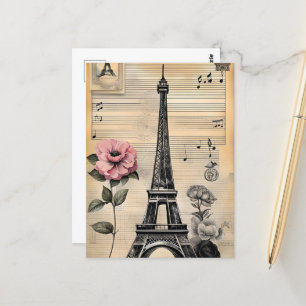Vintager Sepia Eiffelturm und rosa Blume Postkarte