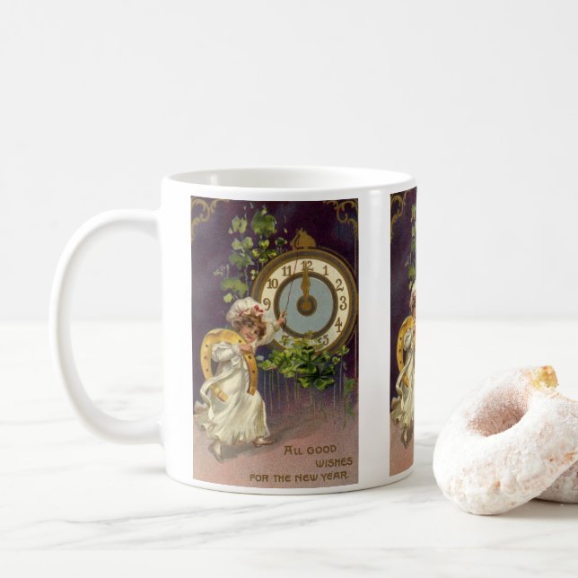 Vintager Silvester Irish Lass Clock um Mitternacht Kaffeetasse (Mit Donut)