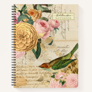Vintager Singvogel mit Rose aus Gold und Rot Notizbuch
