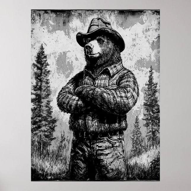 Vintager Smokey, der Bär schwarz und weiß Poster (Vorne)