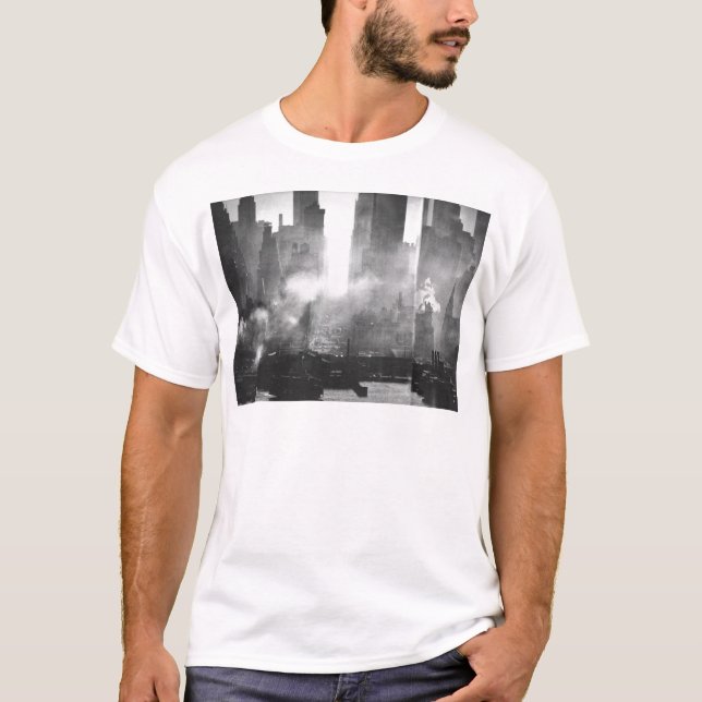 Vintager Smokey kiesiger NYC Schwarzweiss-Skyline T-Shirt (Vorderseite)