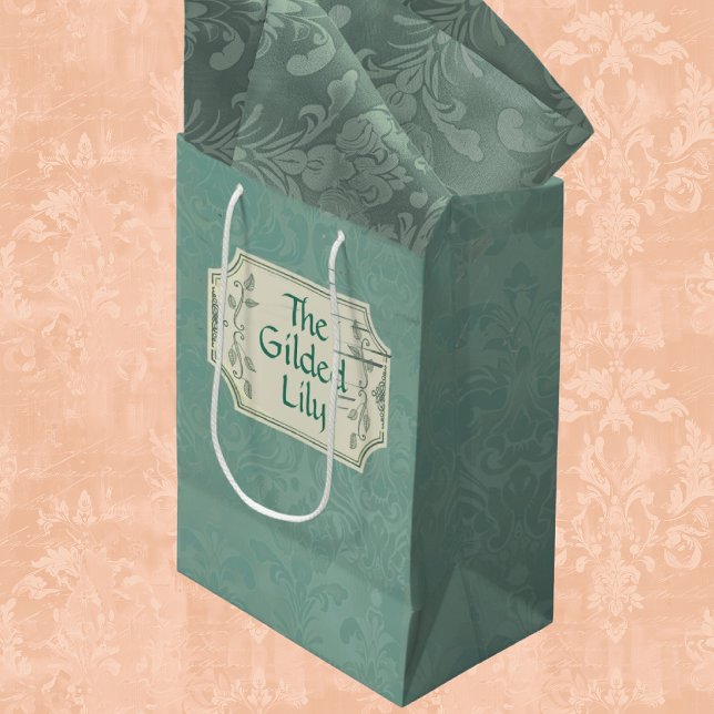 Vintager Smokey Pine Green Damask Personalisiert Mittlere Geschenktüte (Personalize with your store's name!)