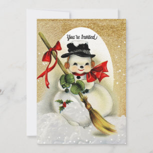 Vintager Snowman mit Gold Glitzer Weihnachts-Party Einladung