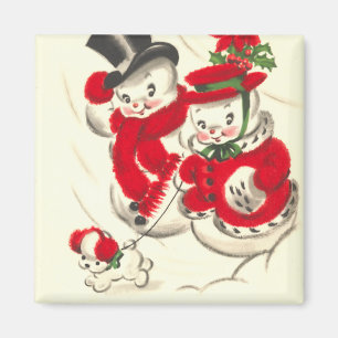 Vintager Snowman und Snowwoman quadratischer Magnet
