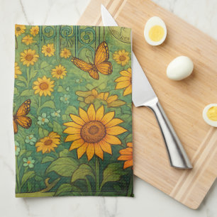 Vintager Sonnenblumengarten Schmetterlinge im Juge Geschirrtuch
