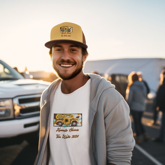 Vintager Sonnenblumenwagen. Harris - Walz. Braun Truckerkappe (Von Creator hochgeladen)