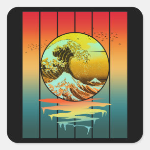 Vintager Sonnenuntergang Japanisch Kanagawa Wave O Quadratischer Aufkleber