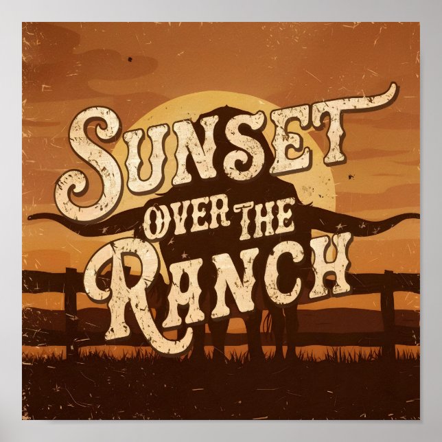 Vintager Sonnenuntergang über der Ranch Poster (Vorne)