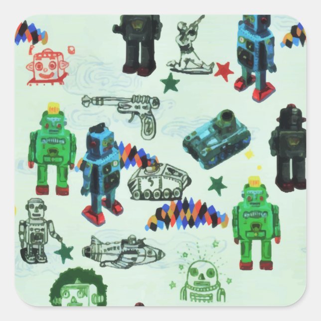 Vintager Spaß Außenweltraumrobot Quadratischer Aufkleber (Vorderseite)