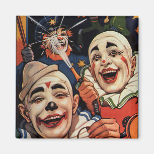 Vintager Spaß, lachende Zirkus-Clowns und Polizei Magnet