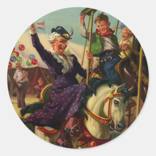 Vintager Spaß, Oma auf einem Merry-Go-Runden Pferd Runder Aufkleber
