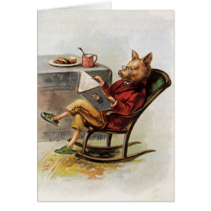 Vintager Spaß, Schwein in Schwingstuhl ein Buch
