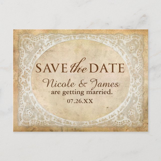 Vintager Spitzenrahmen rustikal Save the Date Post Ankündigungspostkarte (Vorderseite)