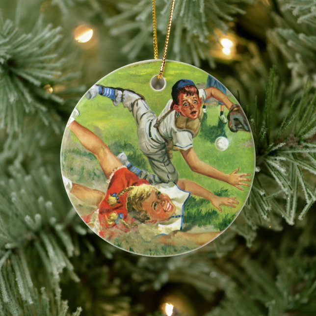 Vintager Sportbaseball, Kinderteams Keramik Ornament (Baum)