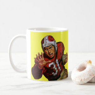 Vintager Sportfußball-Spieler, der auf der Rücksei Kaffeetasse