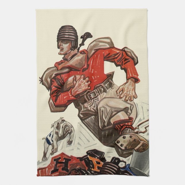 Vintager Sportfußballspieler und Bulldog-Maskottch Geschirrtuch (Vertikal)