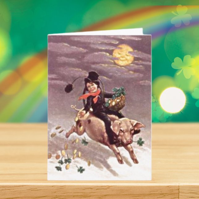 Vintager St Patrick's Day Boy Reiten Karte (Vintage St Patrick's Day Boy Riding a Pig Card)