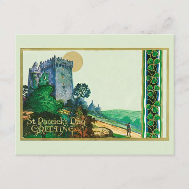 Vintager St. Patrick's Day Gruß mit Schloss Postkarte (Vorderseite)