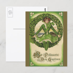 Vintager St. Patrick's Day, irisches Lass in einem Postkarte