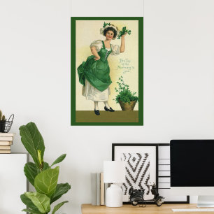 Vintager St. Patrick's Day Irish Lass mit Clovers Poster