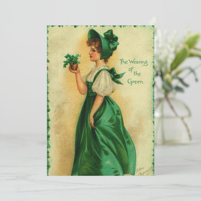 Vintager St. Patrick's Day Lass Green tragen Einladung (Stehend Vorderseite)