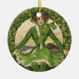 Vintager St. Patrick's Day, Wreath mit Irish Lass Keramikornament
