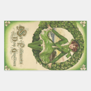 Vintager St. Patrick's Day, Wreath mit Irish Lass Rechteckiger Aufkleber