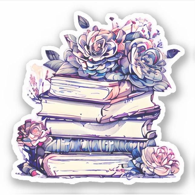 Vintager Stapel von Büchern und Rose Aufkleber (Vorderseite)