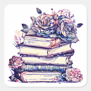 Vintager Stapel von Büchern und Rose Quadratischer Aufkleber