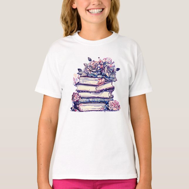 Vintager Stapel von Büchern und Rose T-Shirt (Vorderseite)