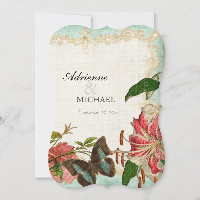 Vintager Stargazer-Lilien-Rosen-Schmetterlingn Einladung (Rückseite)