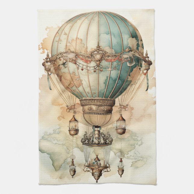 Vintager Steampunk Blue Hot Air Ballon (2) Geschirrtuch (Vertikal)