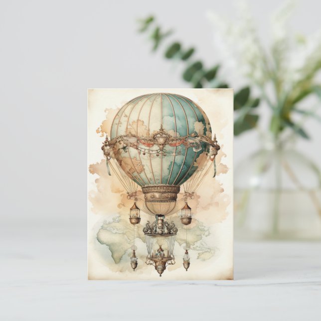 Vintager Steampunk Blue Hot Air Ballon (2) Postkarte (Stehend Vorderseite)