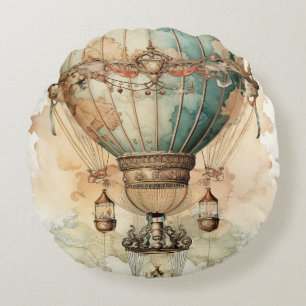 Vintager Steampunk Blue Hot Air Ballon (2) Rundes Kissen